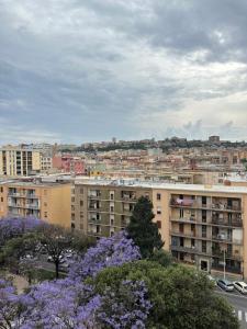 a view of a city with purple trees and buildings at Camere centro cagliari in Cagliari