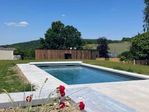 una piscina en un patio con flores rojas en Au Mas de Mont, en Yvoir