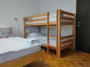 a room with two bunk beds and a bed at Rooms and Apartment Na poljani in Škofja Loka