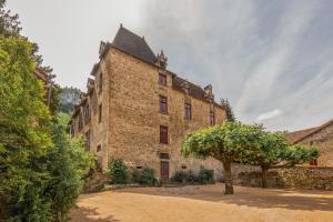 奥特埃尔Manoir de Laroque Delprat的一座砖砌的大建筑，前面有一棵树