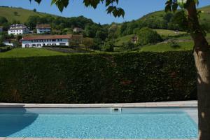 a blue swimming pool in front of a hedge at Hotels Logis Eskualduna Chez Katina in Saint-Martin-dʼArrossa