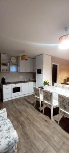 a kitchen with a table and chairs in a room at Borostyánkút Wellness Home Bakonybél in Bakonybél