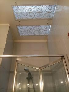 ein Dachfenster in einer Dusche mit einer Glasduschkabine in der Unterkunft Appartamento HAPPY DAYS con 1 posto auto privato in Lucca
