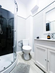 a white bathroom with a toilet and a shower at Babie Lato in Mrągowo +43 photos