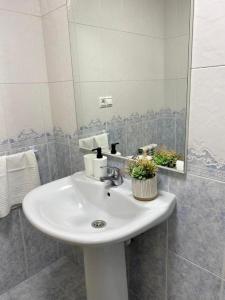 y baño con lavabo blanco y espejo. en Andainas Apartamentos Turísticos B en Milladoiro