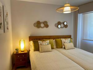1 dormitorio con 1 cama con almohadas y lámpara en Andainas Apartamentos Turísticos B en Milladoiro