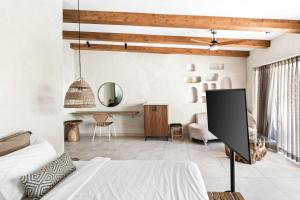 a bedroom with a bed and a tv in a room at Hotel Anilevich Mansion in Beer Sheva