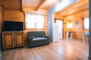 a living room with a chair and a television at Chalet Sa Petra Ruja - Gadu e Tremene in Siniscola