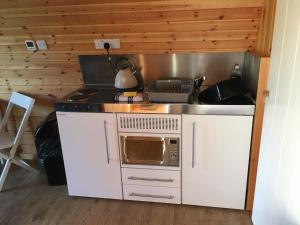a small kitchen with a stove and a microwave at Wall Eden Farm - Luxury Log Cabins and Glamping in Highbridge