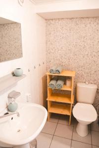 a bathroom with a white toilet and a sink at Aizpuri West View in Nīca