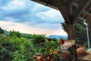 una vista desde el porche de una casa con flores en The Mountain Cottage - Hegyi kuckó en Bükkzsérc