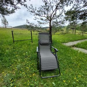 an empty chair sitting in the grass in a field at Planinska kućica Svetlana Zlatibor in Ribnica