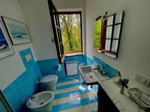 a blue and white bathroom with a sink and a toilet at B&B Notti Serene in Allumiere
