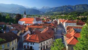 eine Stadt mit roten Dächern und Bergen im Hintergrund in der Unterkunft MIA'S corner in Kamnik