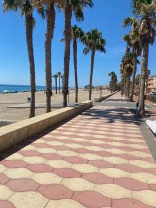een stoep naast het strand met palmbomen bij Casa Roquetas in Roquetas de Mar