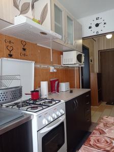 uma cozinha com uma placa de fogão e forno. em Modern Beach Apartment em Constança