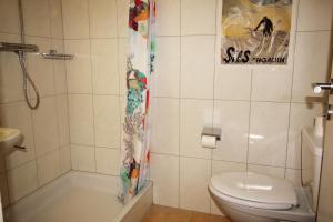 a bathroom with a toilet and a shower curtain at Residenza Lagrev Studio Nr 113 - Typ 10A - 1 Etage - Ost in Sils Maria