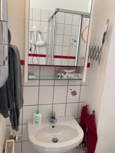 *-Sustainable Living/S-Home/SchälSick/Haus Frieda في بون: حمام مع حوض أبيض ومرآة