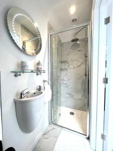 a bathroom with a shower and a sink and a mirror at The Nest in Rake