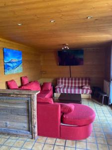 a living room with a red couch and a tv at CHALET LA RIOULE 16 pers in Doucy