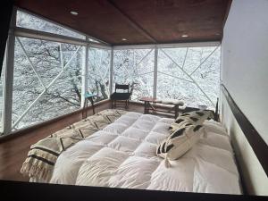 a large bed in a room with windows at Calafate lodge patagonia in Coihaique