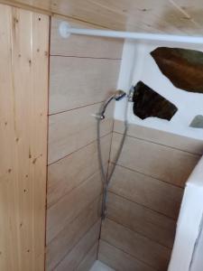 y baño con ducha y pared de madera. en Loft Estudio Habitación independiente, en Icod de los Vinos