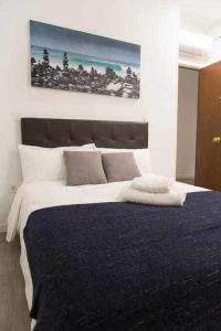マドリードにあるComodo Y Agradable Apartamento En Madrid Centro 3のベッドルーム1室(大型ベッド1台、青い毛布付)
