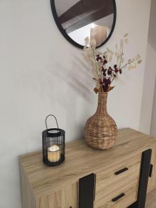 a mirror and a vase on a wooden dresser at Apartamento Moises in Santander