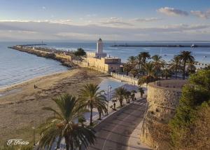 a beach with a lighthouse and palm trees and the ocean at Cà del Centro in Manfredonia