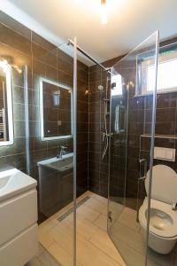 uma casa de banho com um chuveiro, um WC e um lavatório. em Arena Rooms Zagreb em Zagreb
