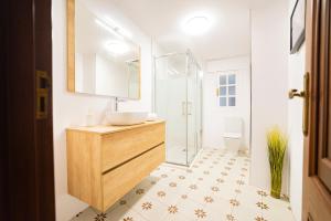 ein Badezimmer mit einem Waschbecken, einem Spiegel und einem WC in der Unterkunft Apartamento Carmiña in Puentedeume