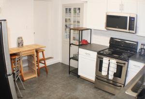 a kitchen with a stove and a microwave at Urban Oasis - 3BR 2BA - City View- Private Parking in Pittsburgh