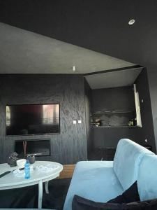 uma sala de estar com um sofá e uma mesa em Lux superior apartment em Novi Sad