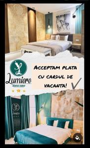 Cartel de una habitación de hotel con 2 camas en Lumiere House Sibiu en Sibiu