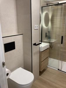 y baño con aseo, lavabo y ducha. en Bravo Murillo Apartments, en Madrid