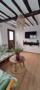 ein Wohnzimmer mit einem Tisch und einer Topfpflanze in der Unterkunft El Cantón in Bogarra