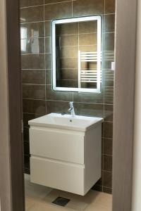 a bathroom with a white sink and a mirror at Arena Rooms Zagreb in Zagreb