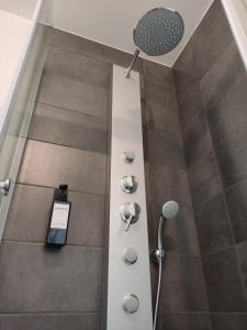 a bathroom with a shower with a shower head at La Ribemontoise in Ribemont