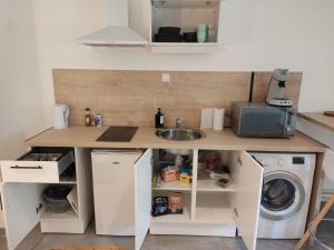 a kitchen counter with a sink and a washing machine at La Ribemontoise in Ribemont