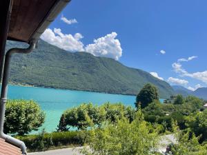 vistas a un lago con montañas en el fondo en Rare 2 bedroom with private beach on Lake Annecy en Doussard