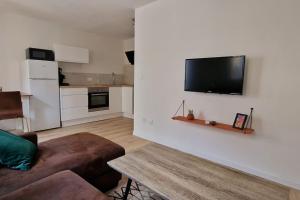 a living room with a couch and a tv on a wall at Appartement en bord de mer 2 in Banyuls-sur-Mer