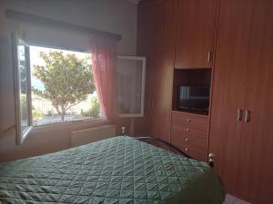 a bedroom with a bed and a television and a window at Depys' View in Chios
