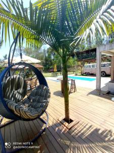 布魯馬迪紐的住宿－Aqui no Camping，棕榈树旁边的甲板上的摆动椅