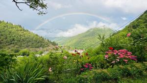 a rainbow in the sky over a field of flowers at ლენტეხის მთის სასტუმრო - Lentekhi Mountain Inn in Lentekhi