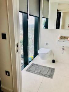 a bathroom with a toilet and a sink and windows at Luxury 2 bedroom apartment 20 min from central London in London