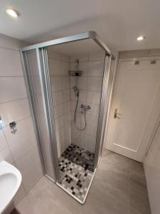 a shower with a glass door in a bathroom at Waldesruh in Sallgast