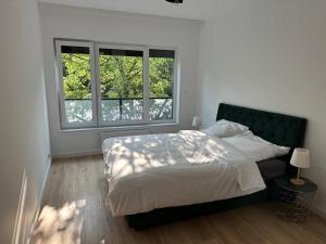 een slaapkamer met een groot bed en 2 ramen bij Green Metropolis in Toruń