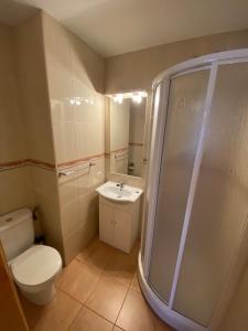 uma casa de banho com um WC, um chuveiro e um lavatório. em Hostal Jose Mari em Ciudad-Rodrigo
