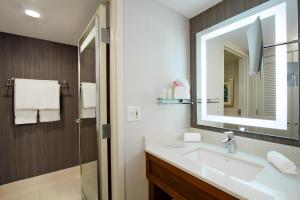 a bathroom with a sink and a mirror at Courtyard by Marriott Cocoa Beach Cape Canaveral in Cocoa Beach