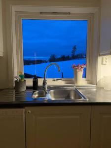 eine Küchentheke mit einem Waschbecken und einem Fenster in der Unterkunft Koselig gammelt hus på gård 